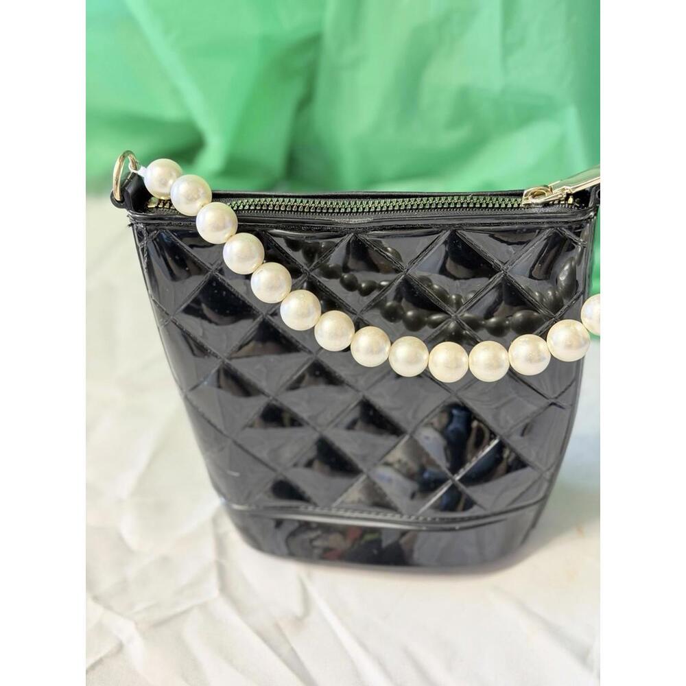 Black Quilted Patent Handbag Pearl Handle Mini Purse Evening Bag‎